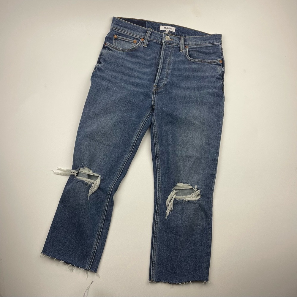 RE/DONE 90s High Rise Loose Cropped Button Fly Medium Wash With Rips Size 28